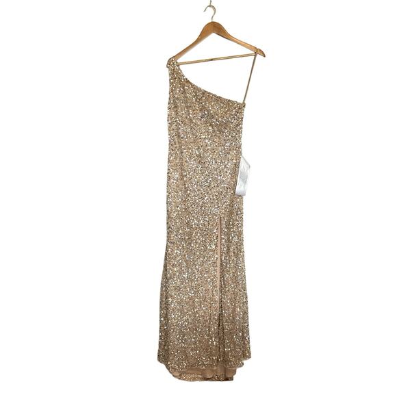 Mac Duggal NEW One Shoulder Sequin Embellished High Slit Maxi Gown Champagne 4 - Picture 2 of 16